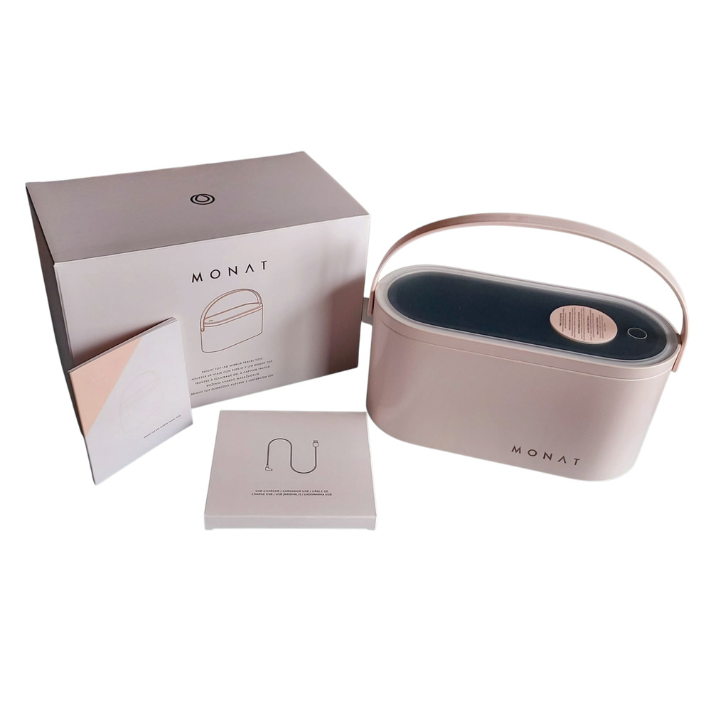 NIB NEW Monat Bright Top LED Mirror Makeup Cosmetics Travel Tote Case Hard Sided